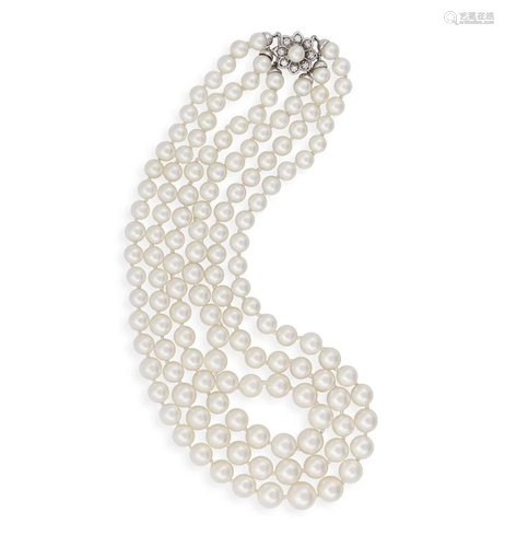 A CULTURED PEARL NECKLACE WITH DIAMOND CLASP Composed