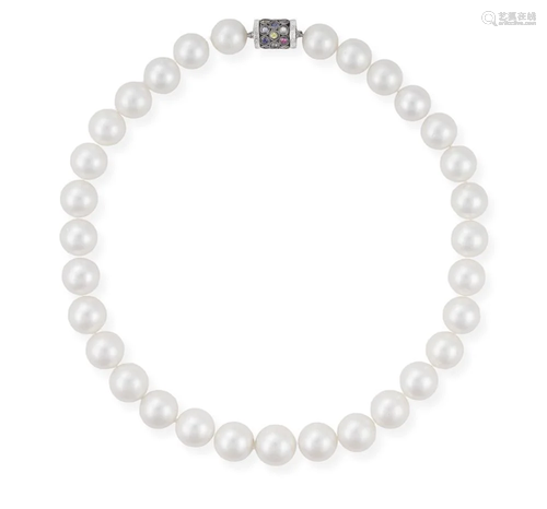 A CULTURED PEARL NECKLACE WITH GEM-SET CLASP Composed