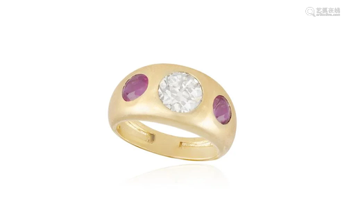 A THREE-STONE RUBY AND DIAMOND RING, BY BULGARI