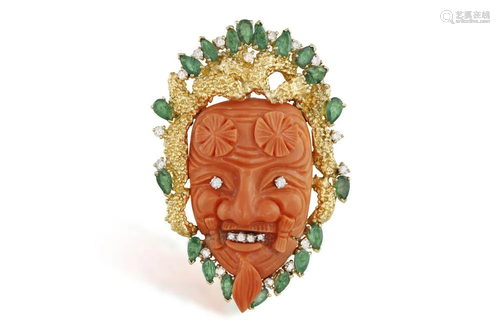 A CORAL, EMERALD AND DIAMOND PENDANT Designed as a