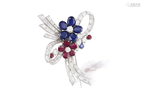 AN ELEGANT SAPPHIRE, RUBY AND DIAMOND SPRAY BROOCH, BY