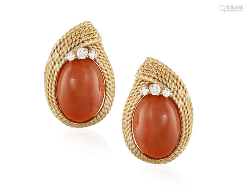 A PAIR OF CORAL AND DIAMOND EARCLIPS Each oval-shaped