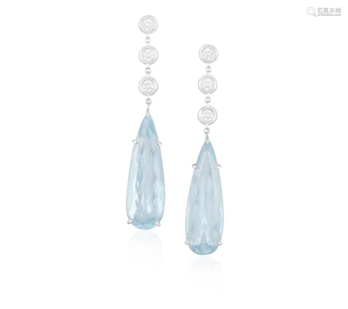 A PAIR OF AQUAMARINE AND DIAMOND PENDENT EARRINGS, BY