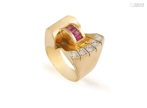 A RETRO RUBY AND DIAMOND RING, CIRCA 1945 Composed of