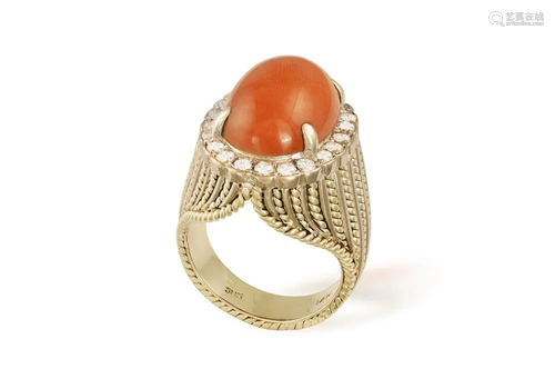 A CORAL AND DIAMOND DRESS RING, CIRCA 1960 Of bombé