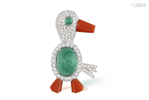 AN EMERALD, DIAMOND AND CORAL NOVELTY BROOCH, BY