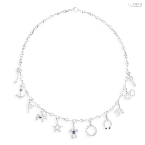 A DIAMOND AND SAPPHIRE CHARM NECKLACE The fancy-link