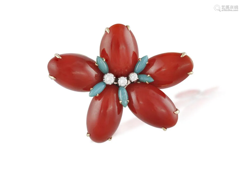 A CORAL, TURQUOISE AND DIAMOND BROOCH Designed as a