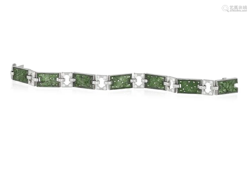 AN ART DECO JADE AND DIAMOND BRACELET, CIRCA 1930