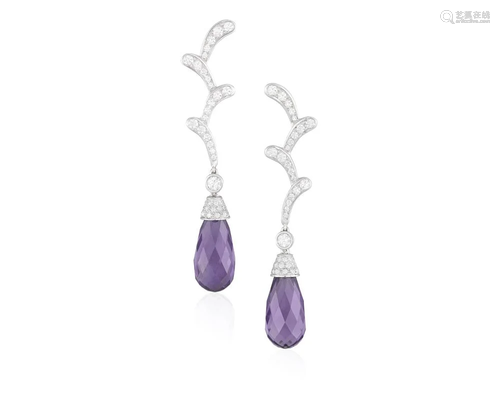 A PAIR OF AMETHYST AND DIAMOND PENDENT EARRINGS Each