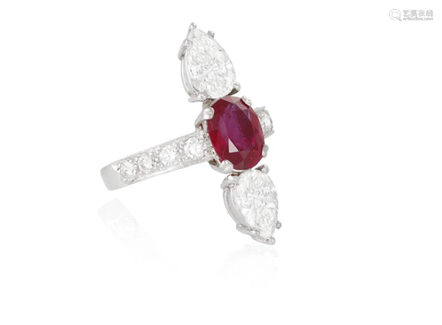 A RUBY AND DIAMOND DRESS RING Composed of an