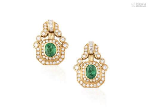 A PAIR OF EMERALD AND DIAMOND EARCLIPS Each centrally