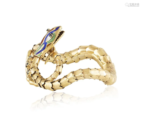 A SAPPHIRE, ENAMEL AND GOLD SERPENT BRACELET, CIRCA