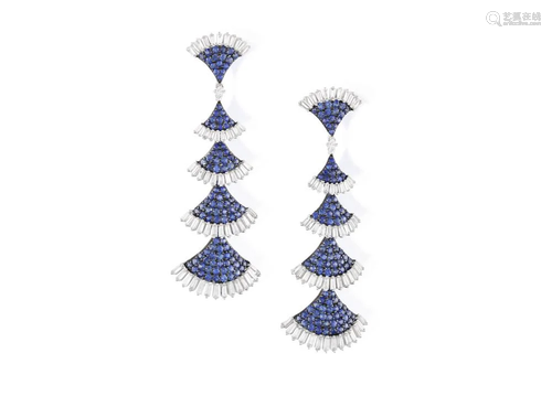 A PAIR OF SAPPHIRE AND DIAMOND PENDENT EARRINGS Each