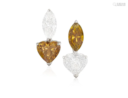 A PAIR OF COLOURED DIAMOND AND DIAMOND EARRINGS