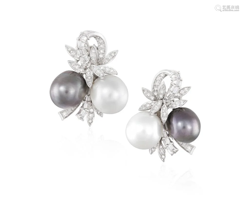 A PAIR OF CULTURED PEARL AND DIAMOND EARCLIPS, CIRCA