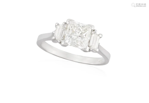 A DIAMOND SINGLE-STONE RING The central princess-cut