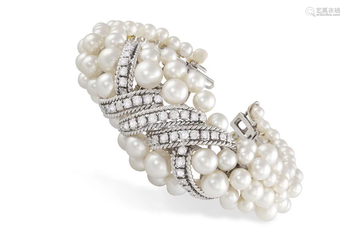 A CULTURED PEARL AND DIAMOND BRACELET, BY DAVID WEBB,