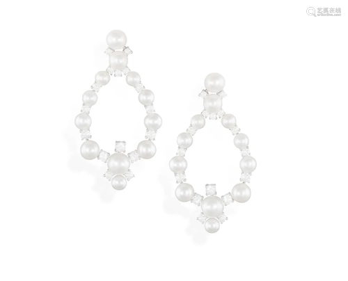 A PAIR OF CULTURED PEARL AND DIAMOND EARRINGS Each set