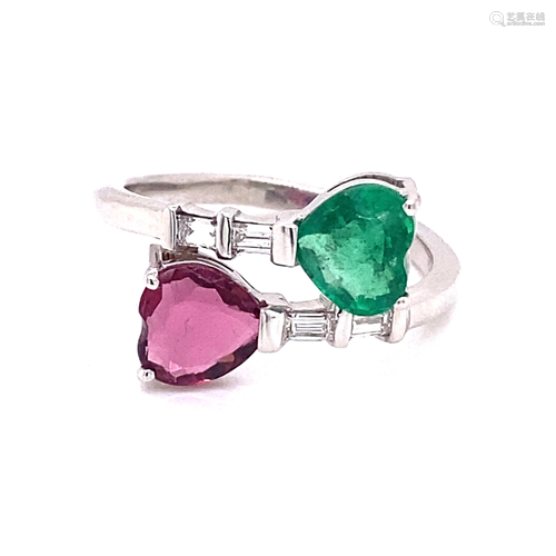 18k Rubylite Emerald Damond Ring