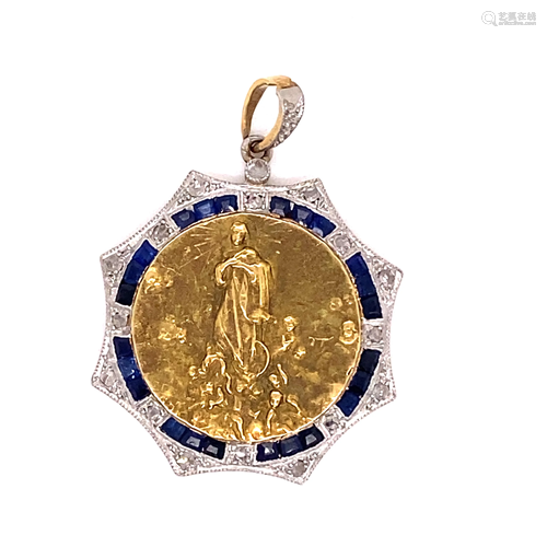 18k & Platinum Art Deco Diamond Sapphire Virgin Mary