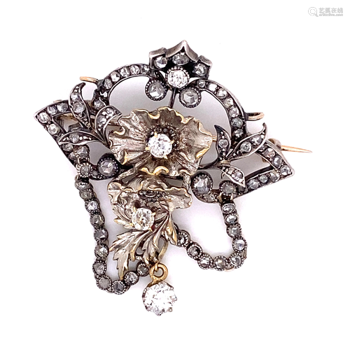 Gold & Silver Art Nouveau Flower Diamond Pendant Brooch