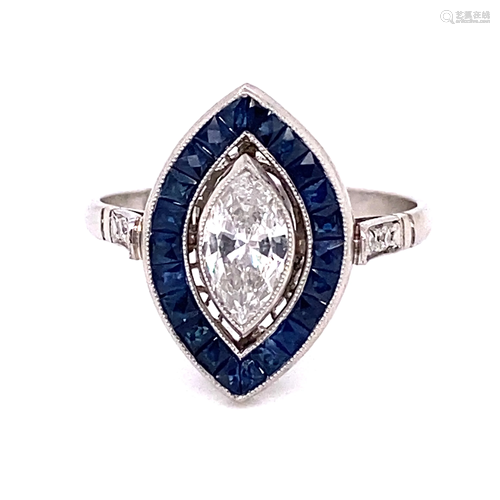 Platinum Sapphire Diamond Marquise Shaped ring