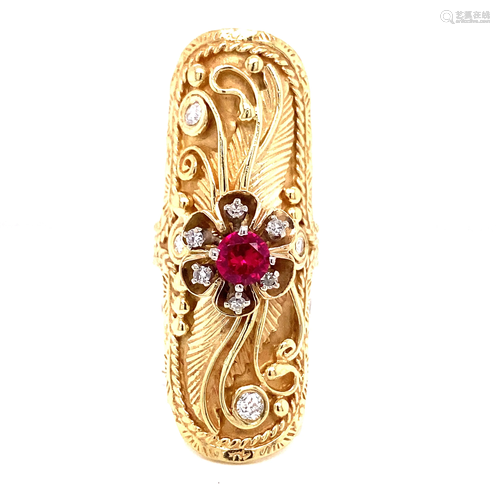 Unique 18k Diamond & Ruby Long Cocktail Ring