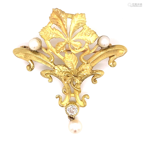 18k Art Nourveau Pearl Pendant Brooch