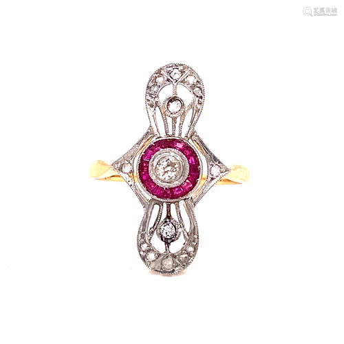 18k Art Deco Diamond Ruby Halo Ring