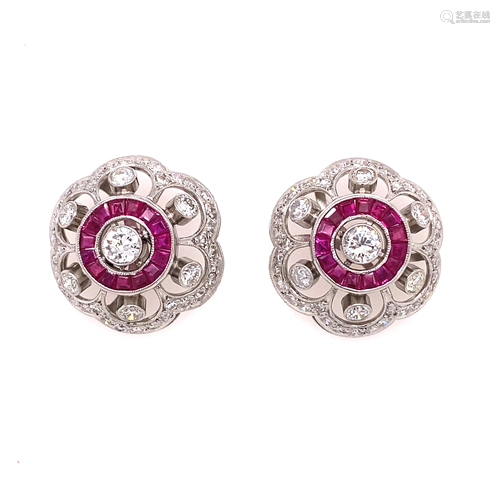 Platinum Diamond Ruby Halo Earrings