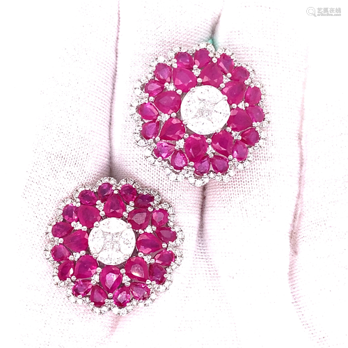 18k Diamond Ruby Flower Earrings