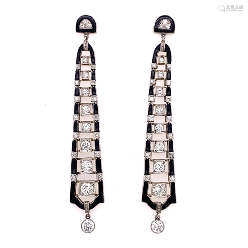 Platinum Diamond Enamel Long Drop Earrings