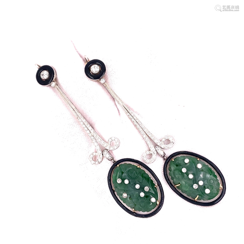 Platinum Jade Jadeite Diamond Onyx Long Earrings