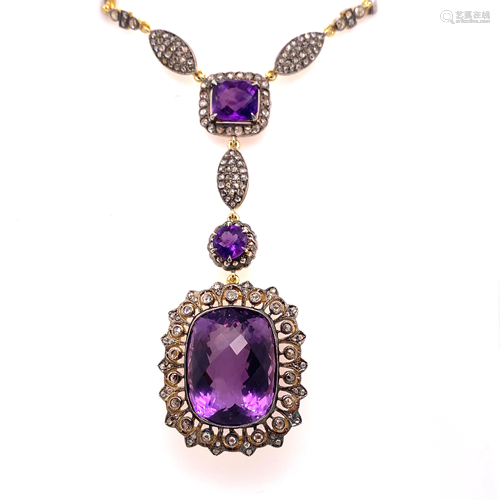 Silver & Gold Diamond Amethyst Necklace