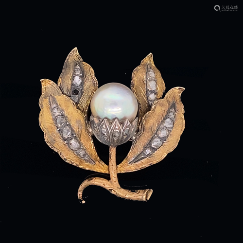 French Georgian 18k Diamond Pearl Brooch