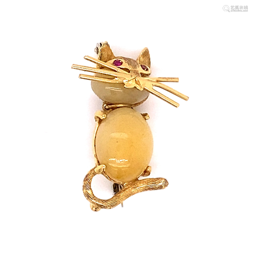 Retro 18k Moonstone Cat Brooch