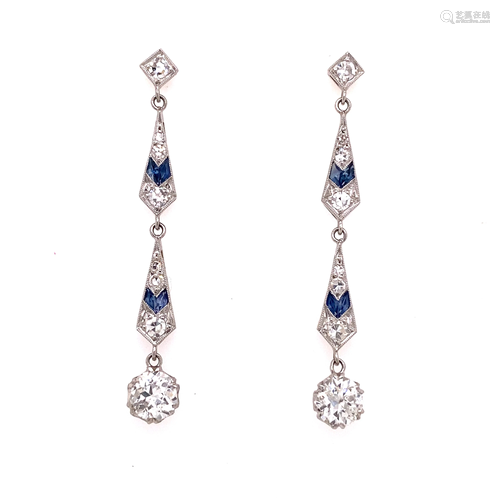 Platinum Diamond Sapphire Long Drop Earrings