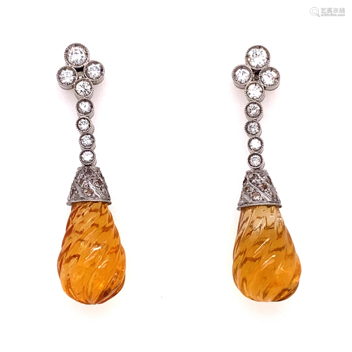 Platinum Diamond Citrine Drop Earrings