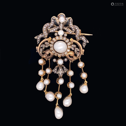 Low Gold Georgian Pearl Diamond Pendant Brooch