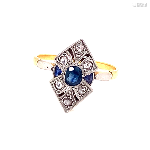 18k 1920's Diamond Sapphire Ring