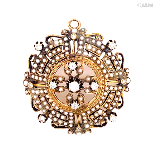 Victorian 14k Diamond Pearls Round Pendant & Brooch