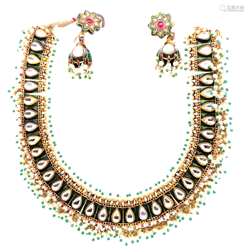 22k Victorian Indian Enamel Necklace & Earrings Set