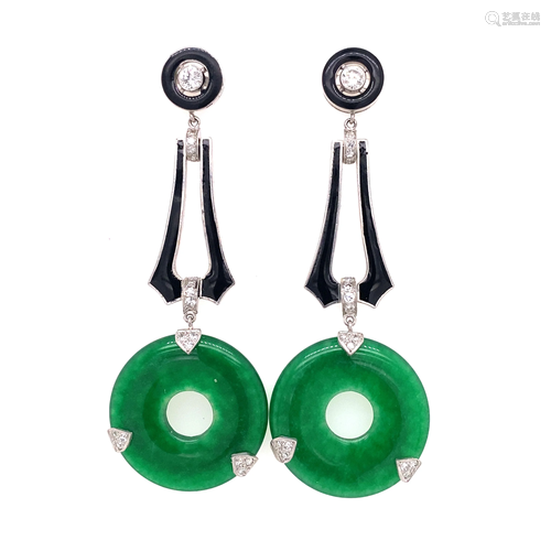 Platinum Jade Diamond Onyx Drop Earrings