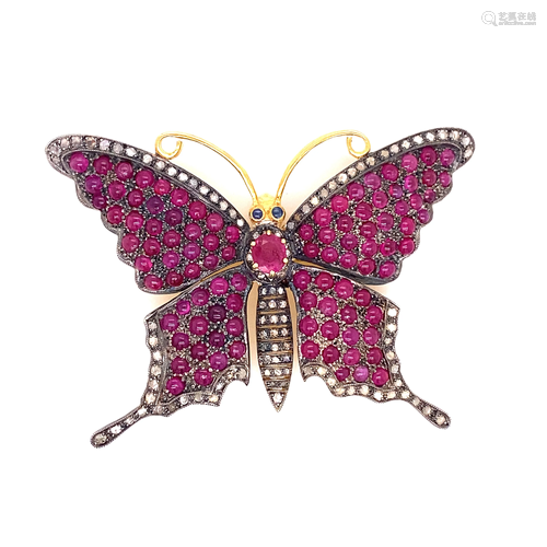 Silver Gold Ruby & Diamond Butterfly Pendant Brooch