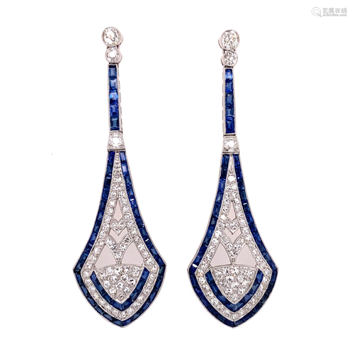 Platinum Diamond Sapphire Long Earrings