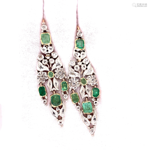 Georgian 15k Diamond Emerald Earrings