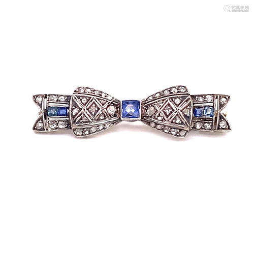 1920’s 18k Platinum Diamond Sapphire Bow Brooch