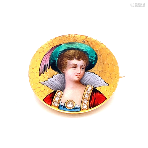 Victorian 18k Women Enamel Brooch