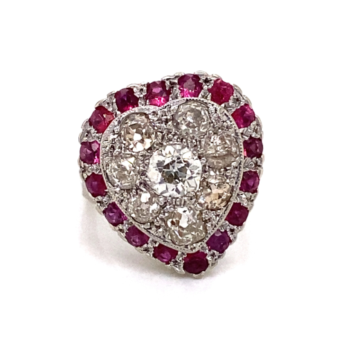 Victorian 14k Diamond Ruby Heart Shaped Ring